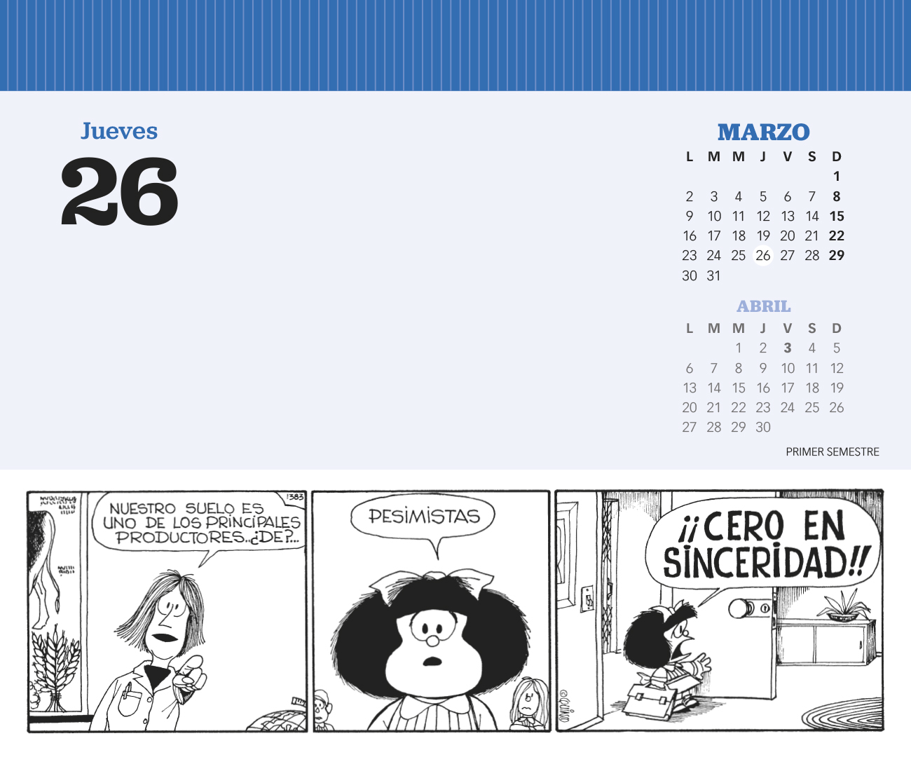 Mafalda 2026 Calendario de Escritorio Azul