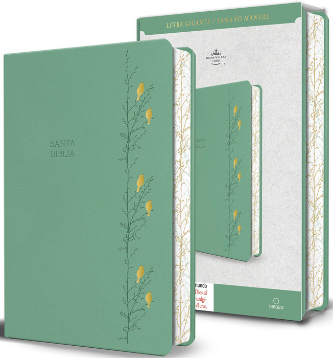 Biblia RVR 1960 letra gigante, simil piel verde con pajaros