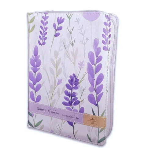 Biblia RVR60 tamaño portatil letra grande con cierre flores sobre lila